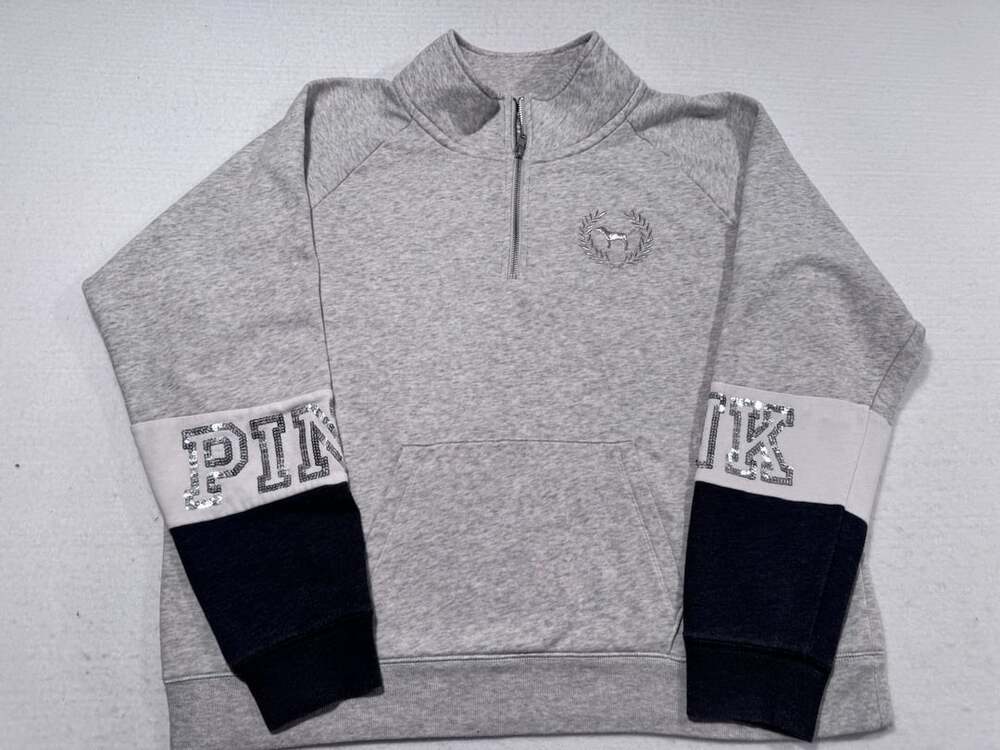 Victoria’s Secret PINK Sequin Sleeve Half Zip Pullover Gray Size L